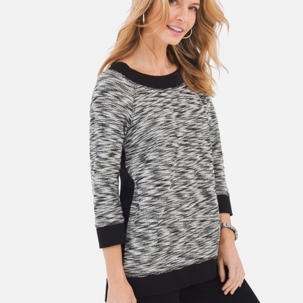 Chicos Zenergy Black White Space Dye Back Zip Top Size 1 Medium 8/10 3/4 Sleeve - Picture 2 of 7